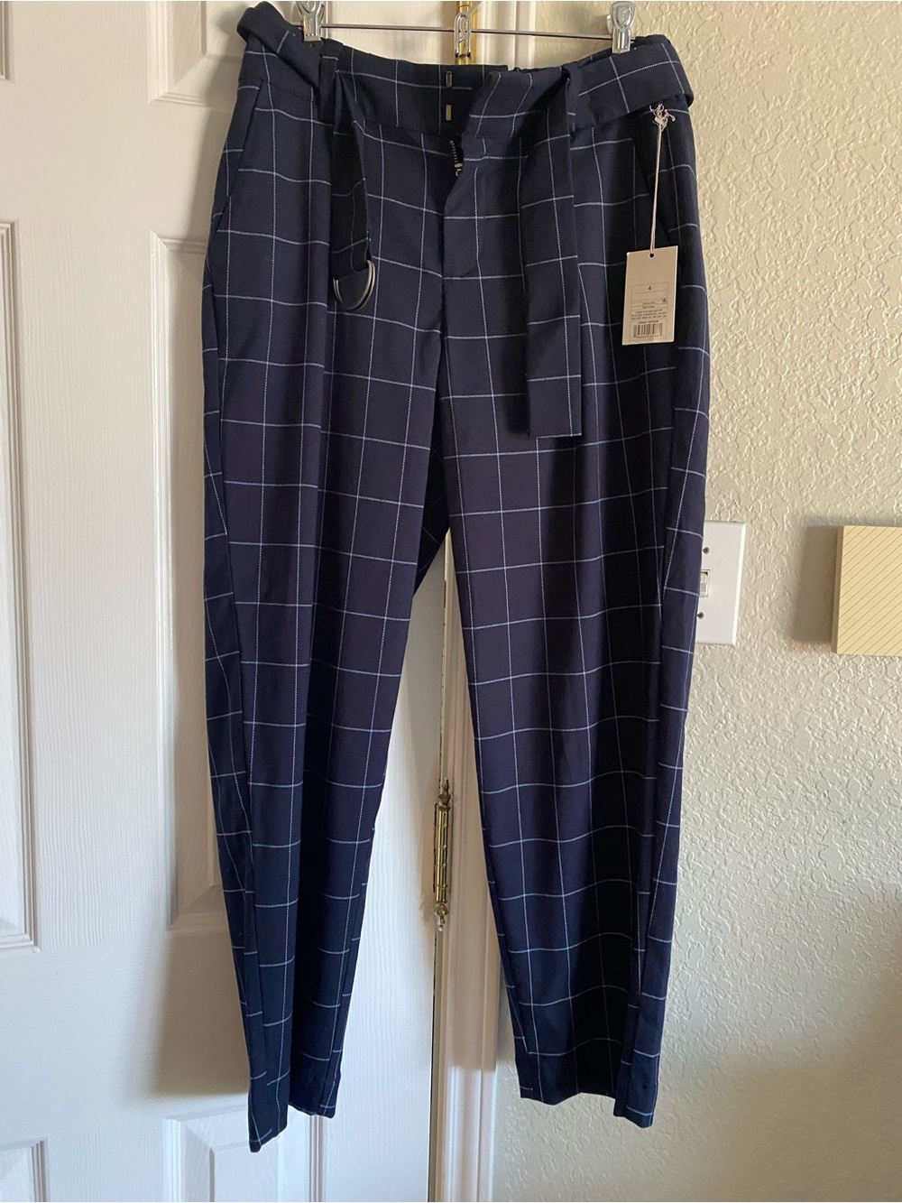 New Day size 4 Navy Windowpane Pants with Self Tie Belt